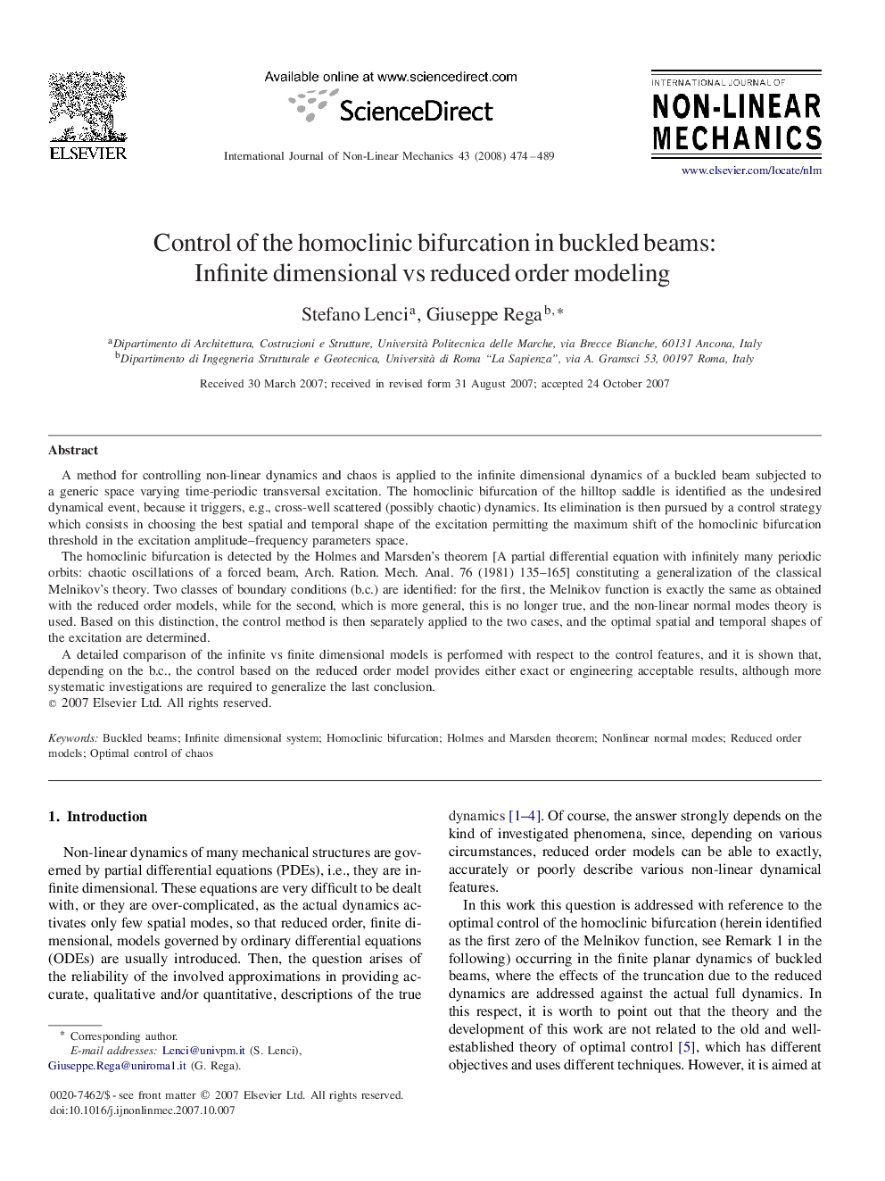 Control of the homoclinic bifurcation in buckled beams: Infinite dimensional vs reduced order modeling