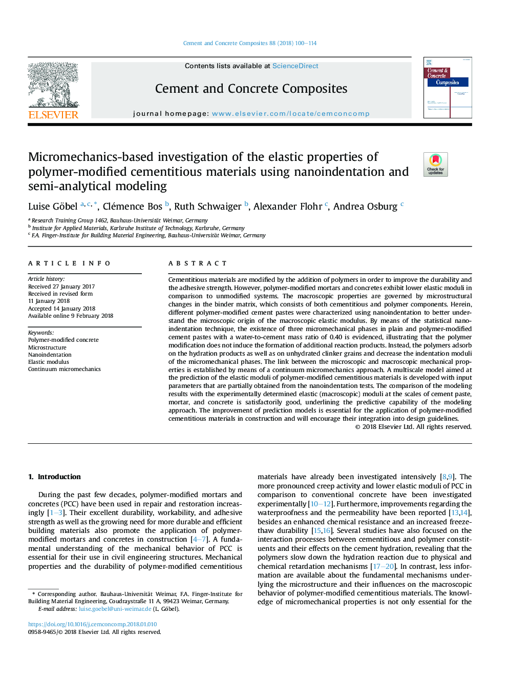 Micromechanics-based investigation of the elastic properties of polymer-modified cementitious materials using nanoindentation and semi-analytical modeling