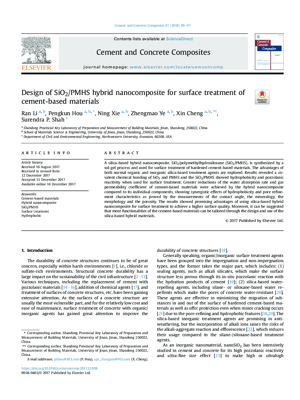 Design of SiO2/PMHS hybrid nanocomposite for surface treatment of cement-based materials