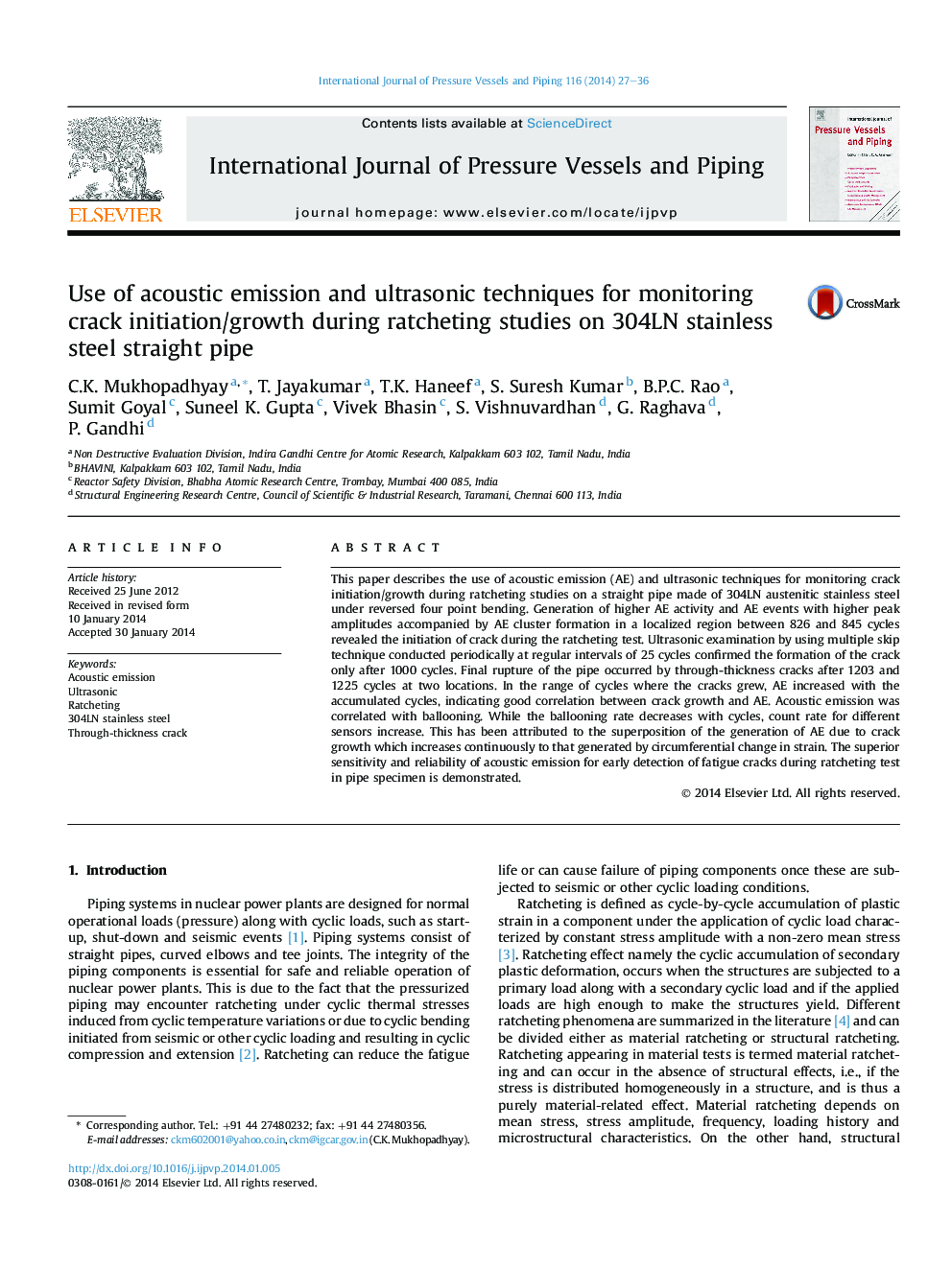 Use of acoustic emission and ultrasonic techniques for monitoring crack initiation/growth during ratcheting studies on 304LN stainless steel straight pipe