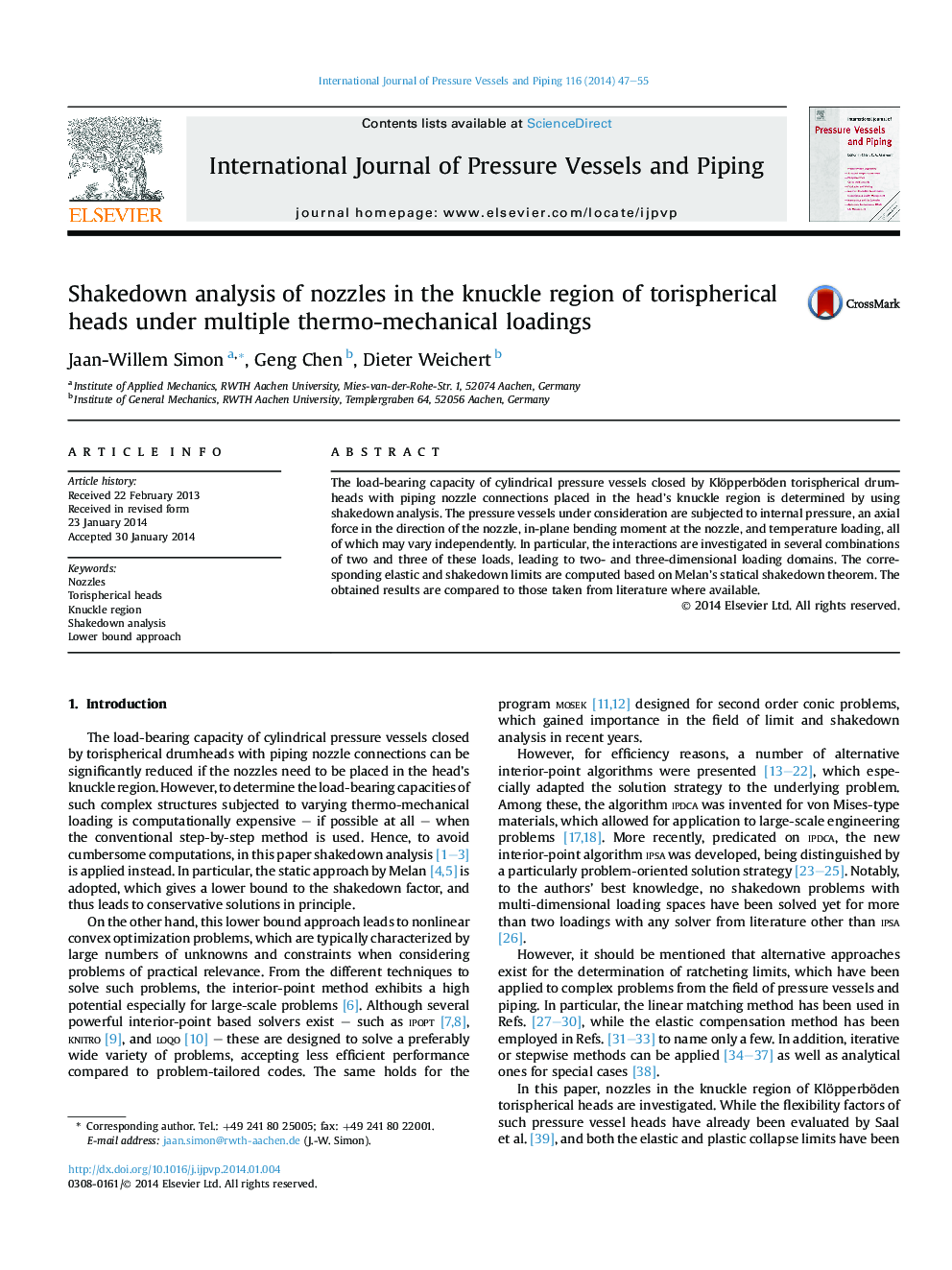 Shakedown analysis of nozzles in the knuckle region of torispherical heads under multiple thermo-mechanical loadings