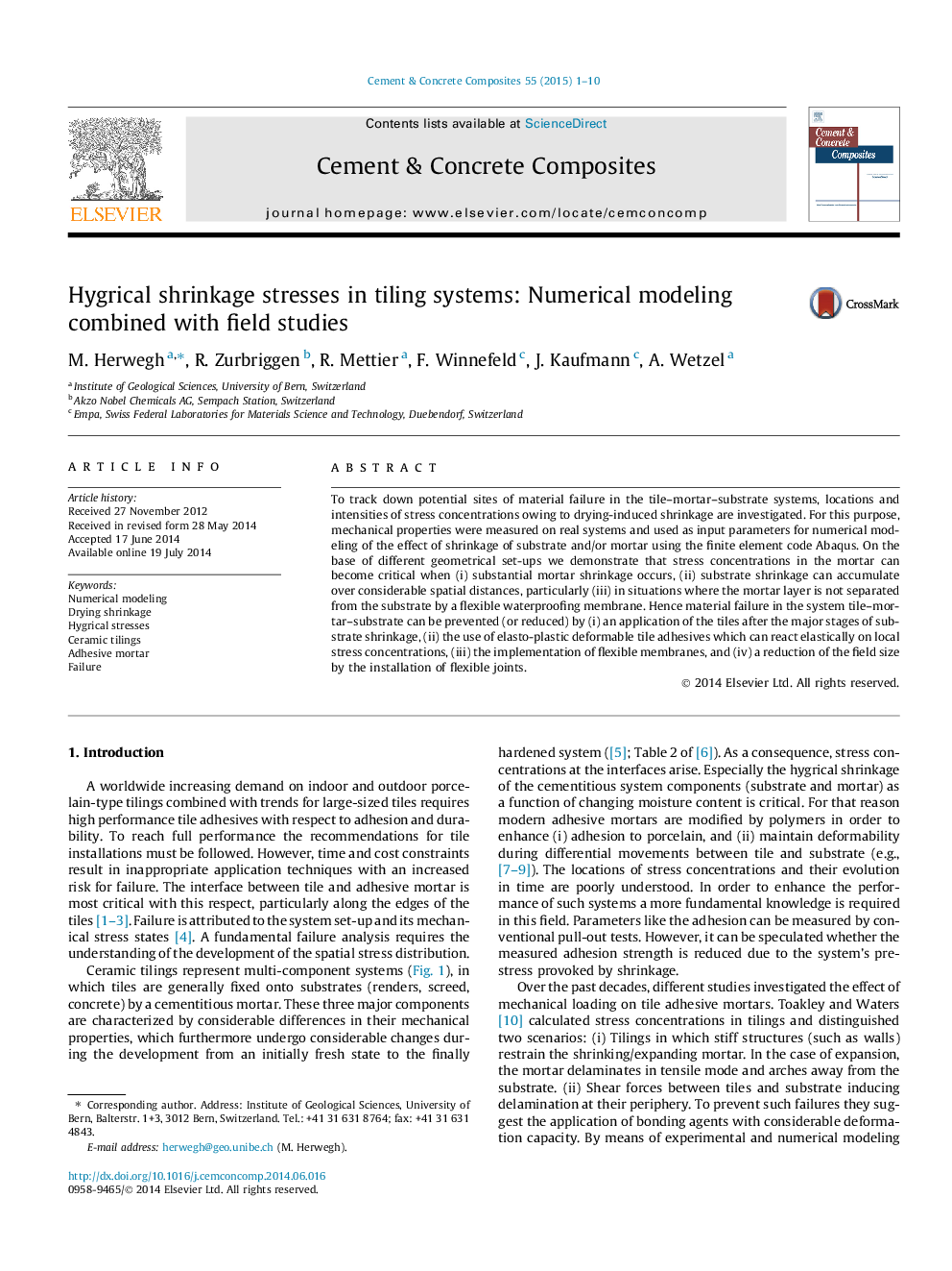 Hygrical shrinkage stresses in tiling systems: Numerical modeling combined with field studies