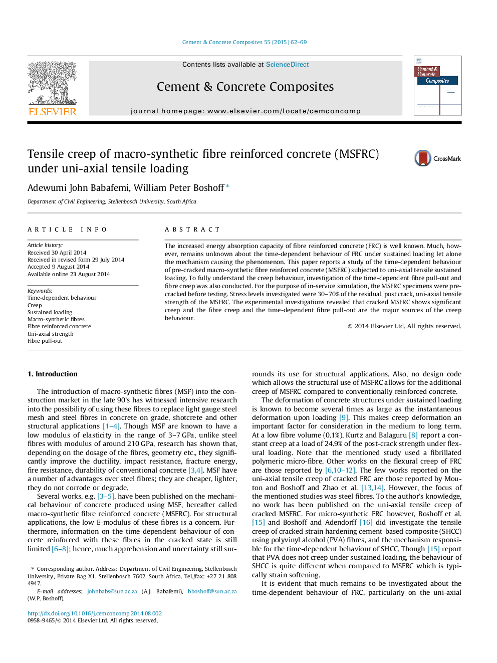 Tensile creep of macro-synthetic fibre reinforced concrete (MSFRC) under uni-axial tensile loading