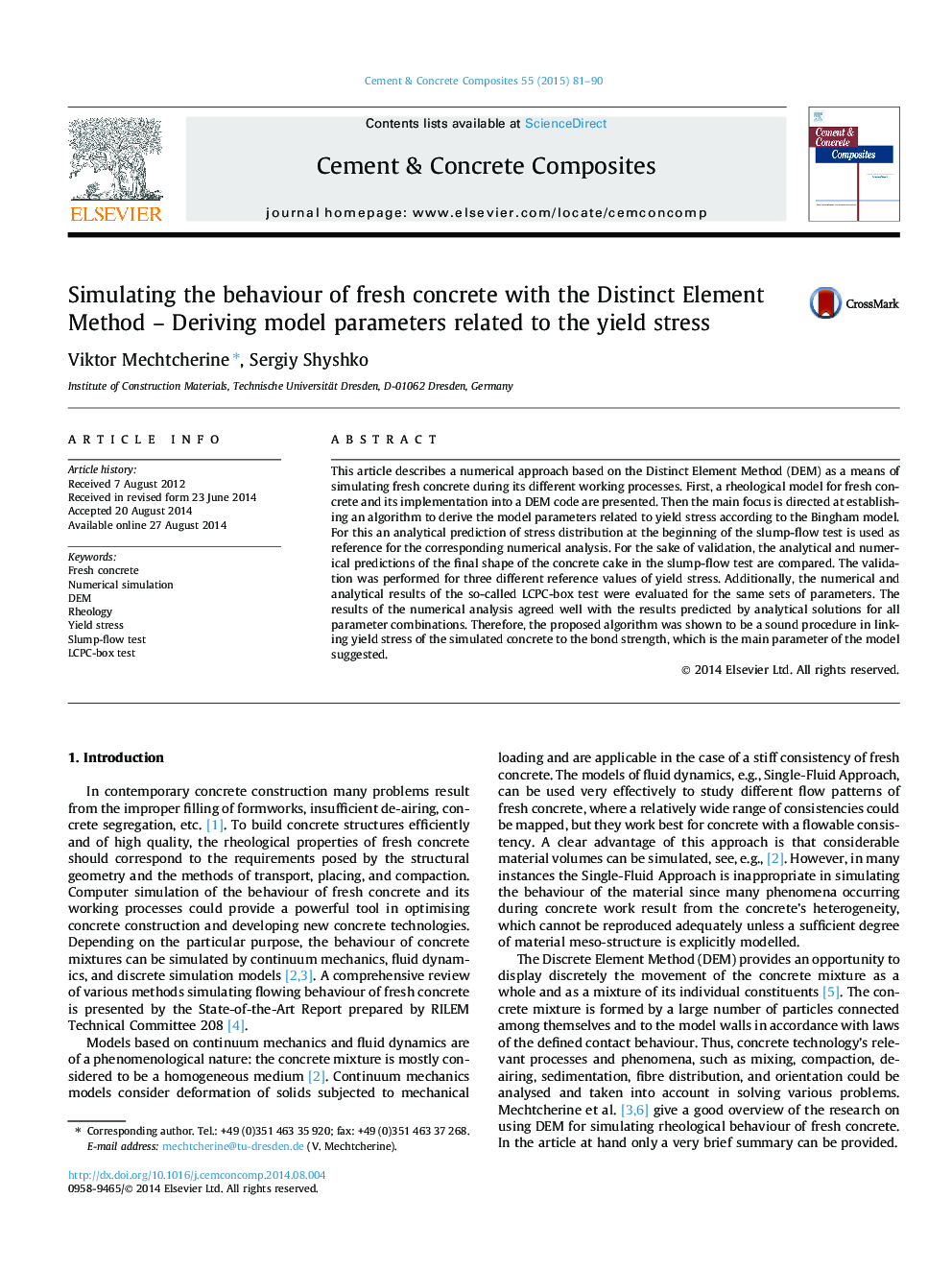 Simulating the behaviour of fresh concrete with the Distinct Element Method - Deriving model parameters related to the yield stress