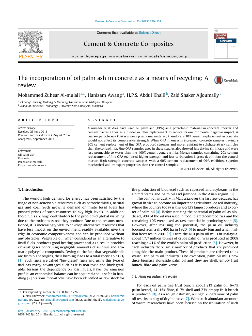 The incorporation of oil palm ash in concrete as a means of recycling: A review