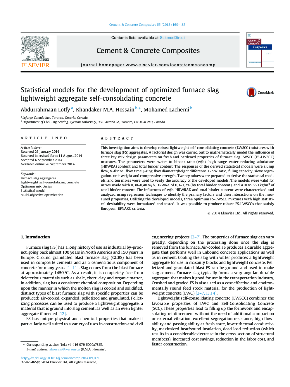 Statistical models for the development of optimized furnace slag lightweight aggregate self-consolidating concrete