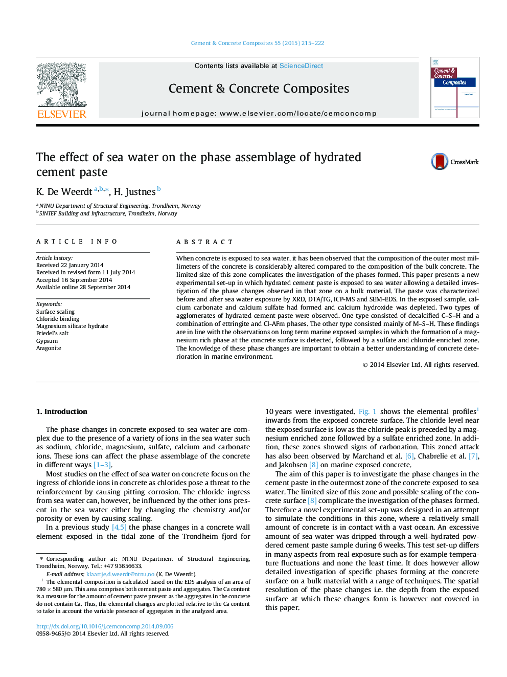 The effect of sea water on the phase assemblage of hydrated cement paste