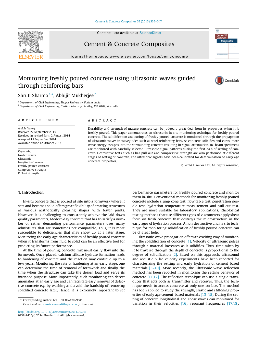 Monitoring freshly poured concrete using ultrasonic waves guided through reinforcing bars