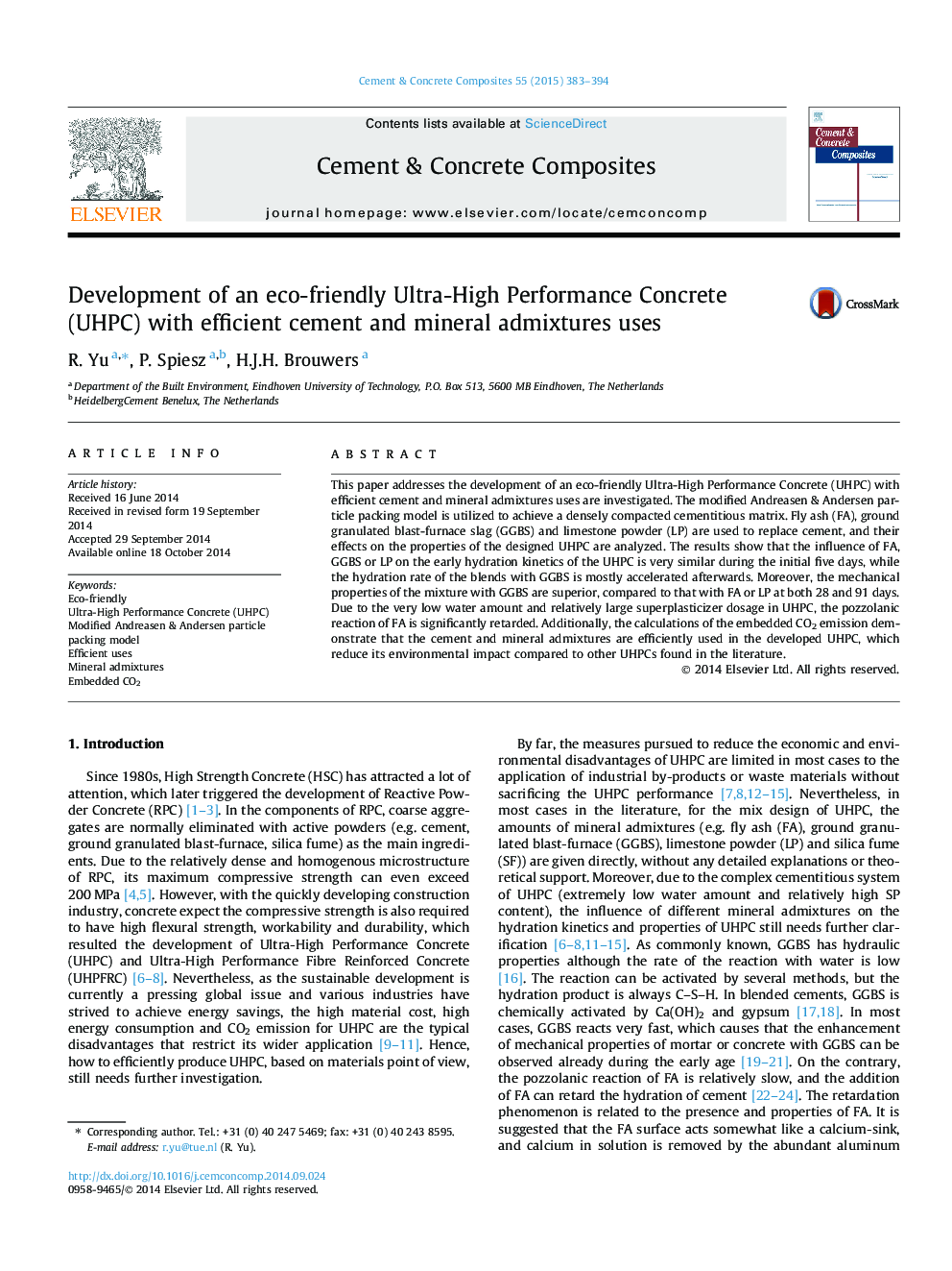 Development of an eco-friendly Ultra-High Performance Concrete (UHPC) with efficient cement and mineral admixtures uses