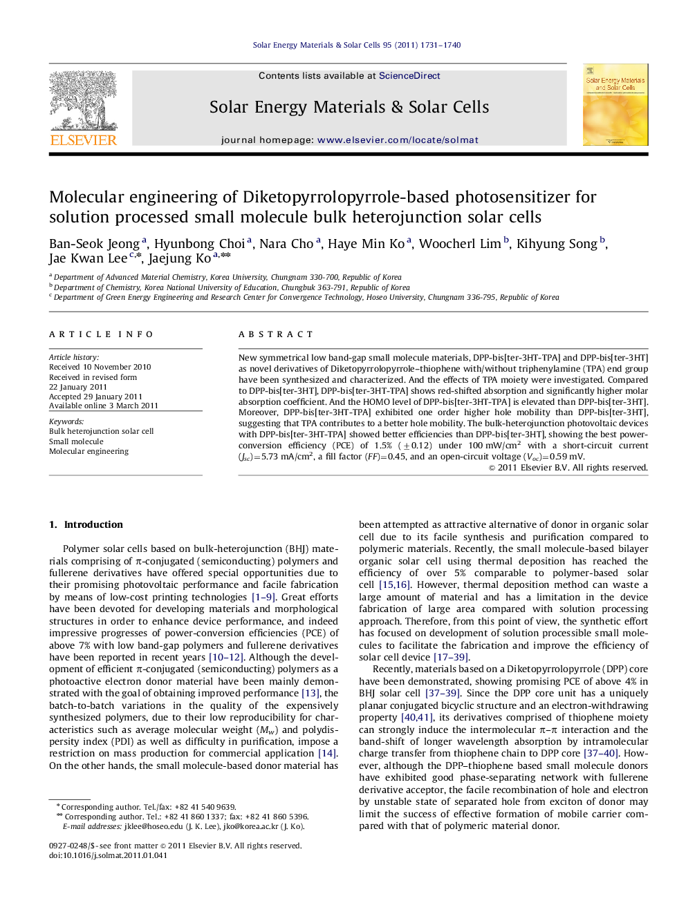 Molecular engineering of Diketopyrrolopyrrole-based photosensitizer for solution processed small molecule bulk heterojunction solar cells