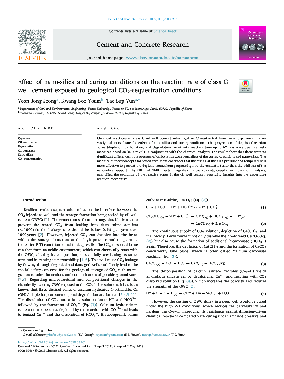 Effect of nano-silica and curing conditions on the reaction rate of class G well cement exposed to geological CO2-sequestration conditions