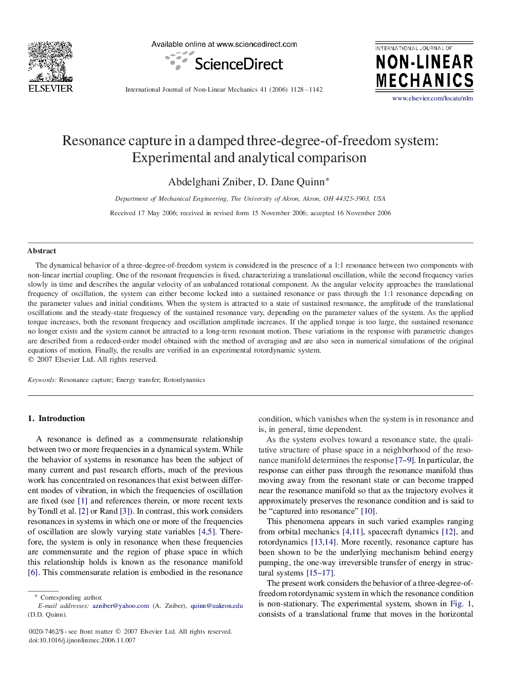 Resonance capture in a damped three-degree-of-freedom system: Experimental and analytical comparison