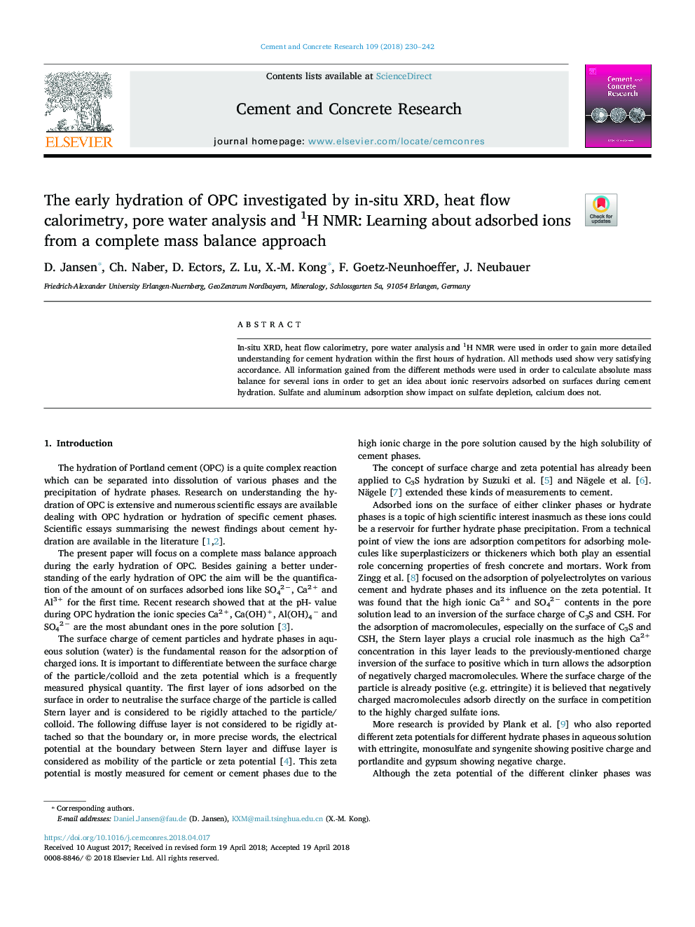 عکس صفحه اول مقاله: The early hydration of OPC investigated by in-situ XRD, heat flow calorimetry, pore water analysis and 1H NMR: Learning about adsorbed ions from a complete mass balance approach The early hydration of OPC investigated by in-situ XRD, heat flow calorimetry, pore water analysis and 1H NMR: Learning about adsorbed ions from a complete mass balance approach