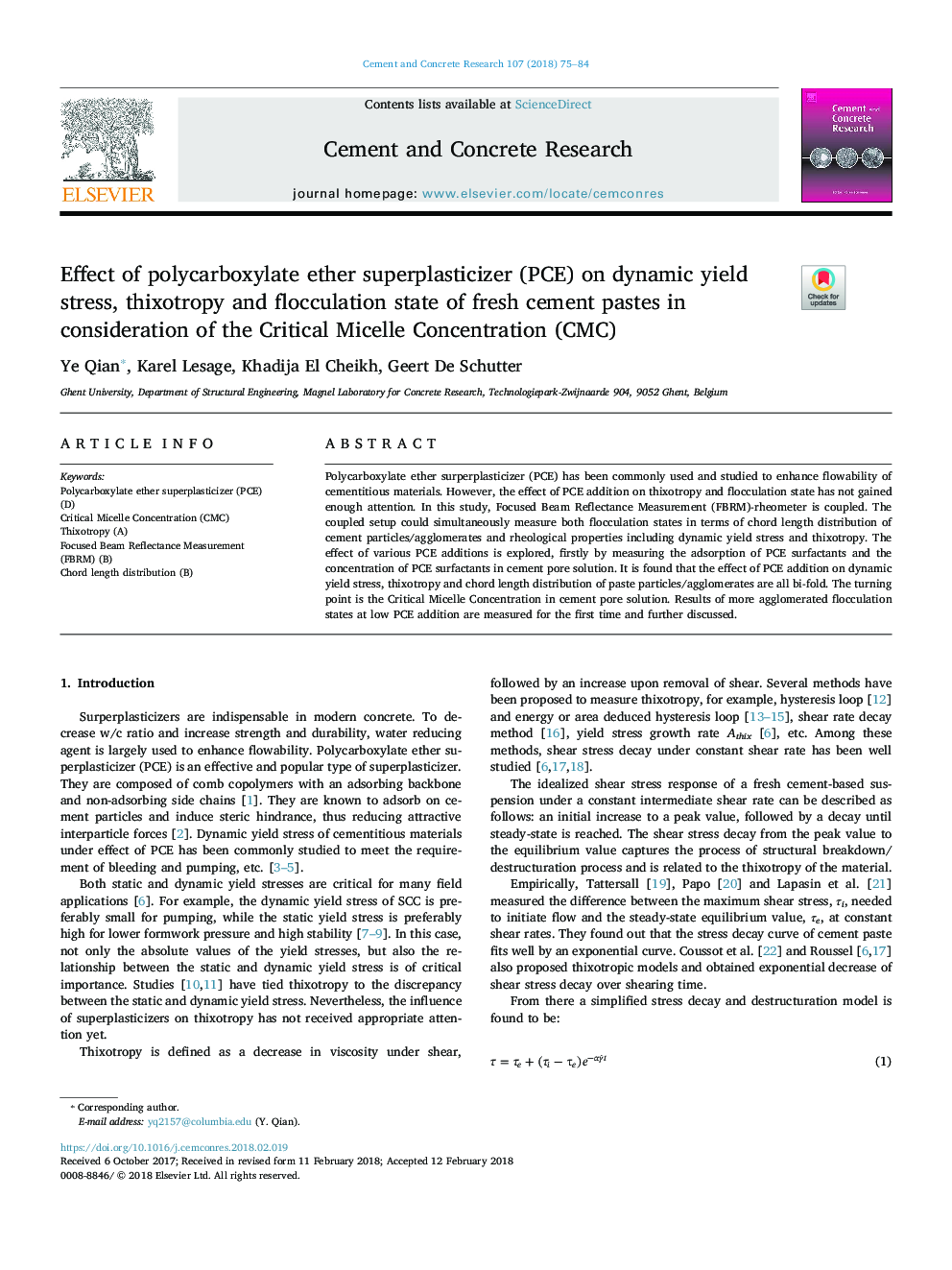 Effect of polycarboxylate ether superplasticizer (PCE) on dynamic yield stress, thixotropy and flocculation state of fresh cement pastes in consideration of the Critical Micelle Concentration (CMC)