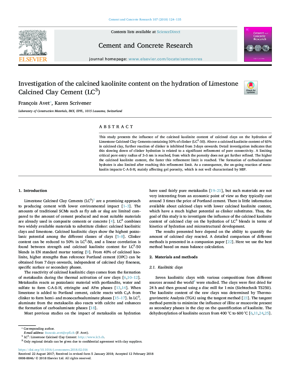 Investigation of the calcined kaolinite content on the hydration of Limestone Calcined Clay Cement (LC3)