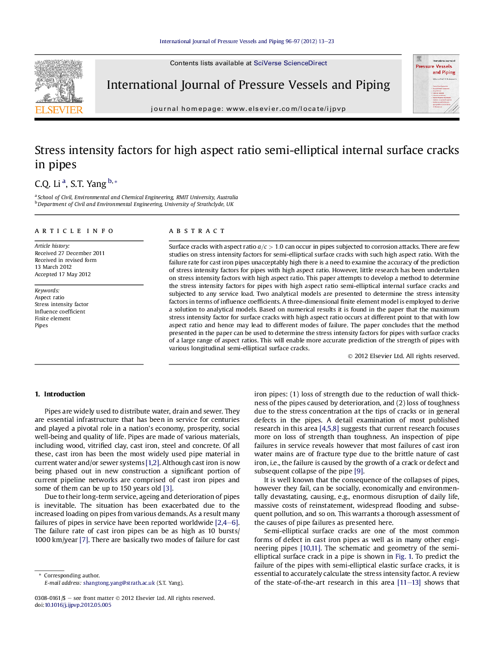 Stress intensity factors for high aspect ratio semi-elliptical internal surface cracks in pipes