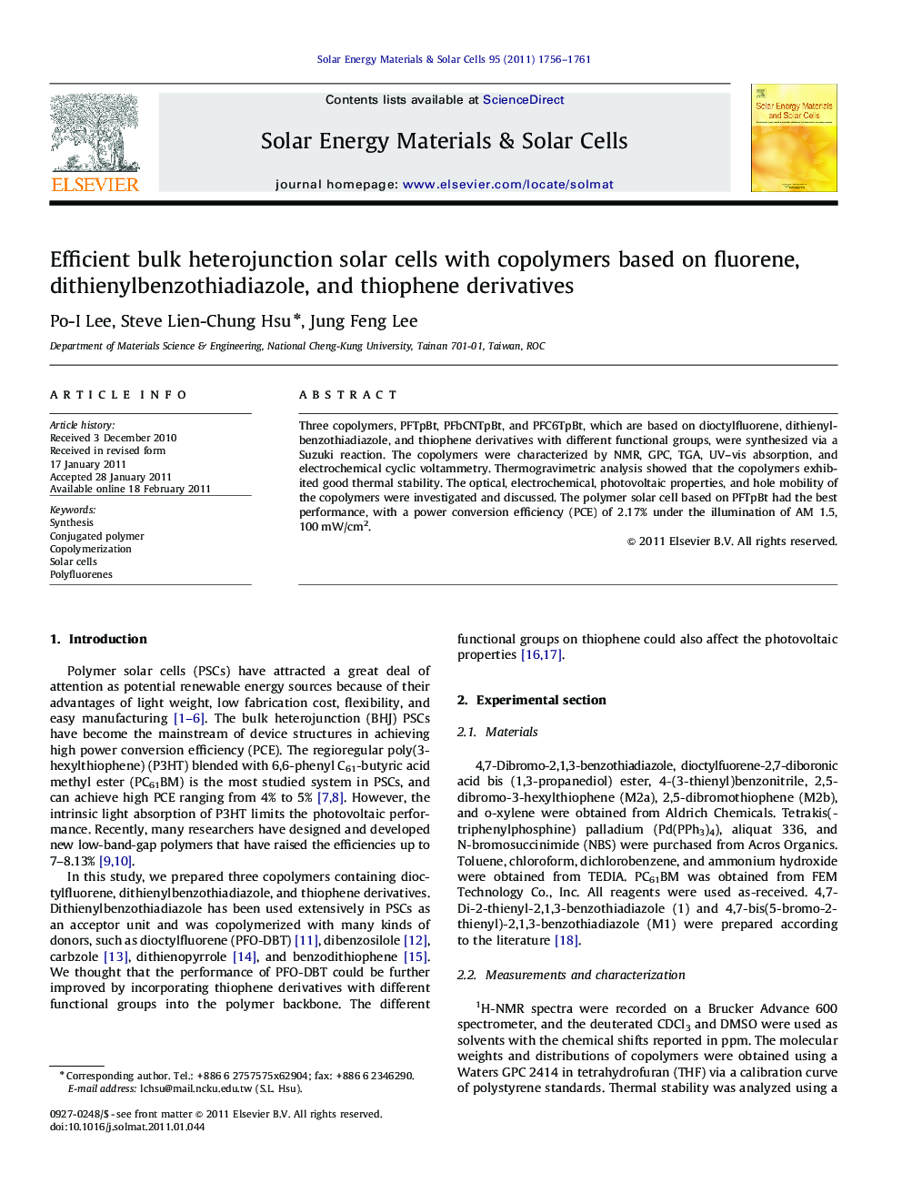 Efficient bulk heterojunction solar cells with copolymers based on fluorene, dithienylbenzothiadiazole, and thiophene derivatives