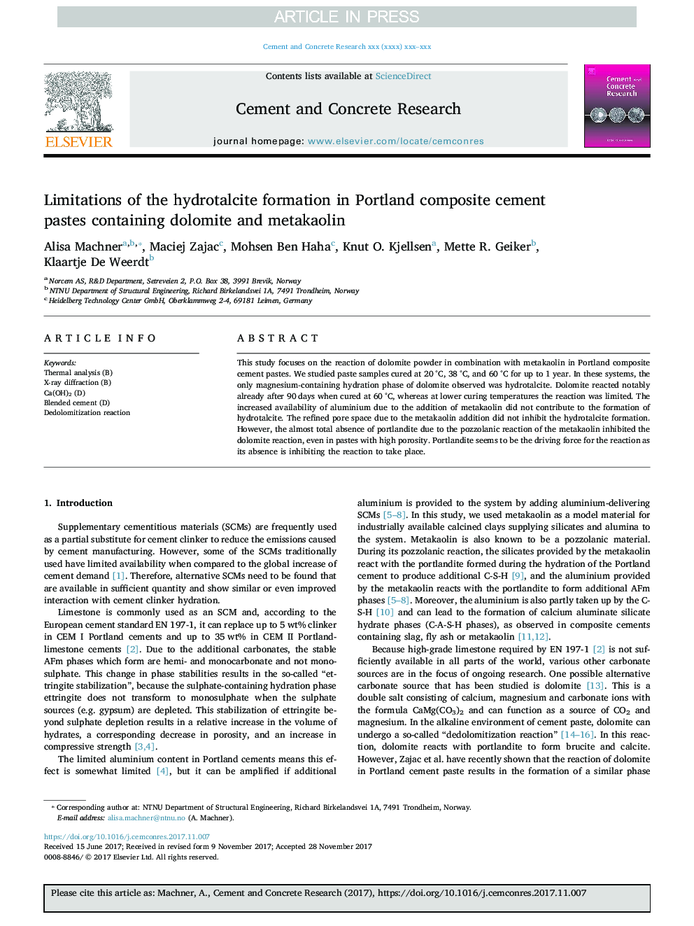 Limitations of the hydrotalcite formation in Portland composite cement pastes containing dolomite and metakaolin