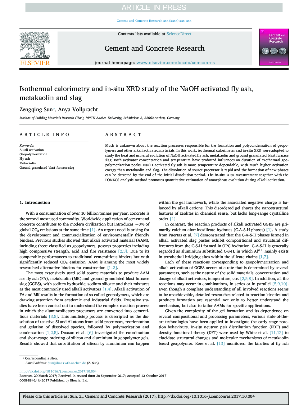 Isothermal calorimetry and in-situ XRD study of the NaOH activated fly ash, metakaolin and slag