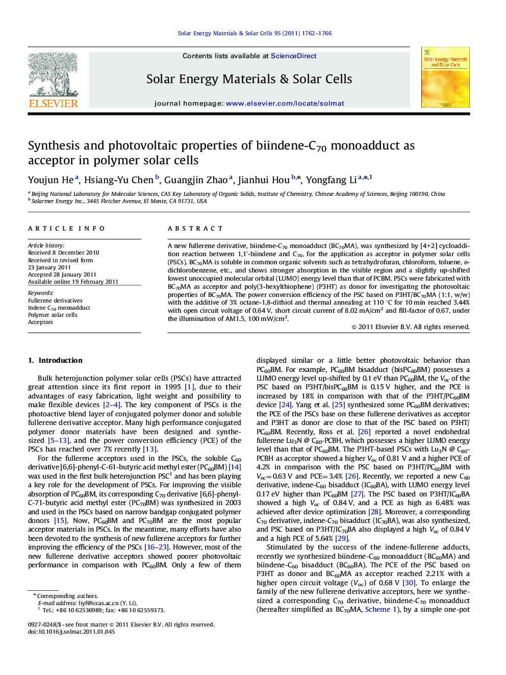 Synthesis and photovoltaic properties of biindene-C70 monoadduct as acceptor in polymer solar cells