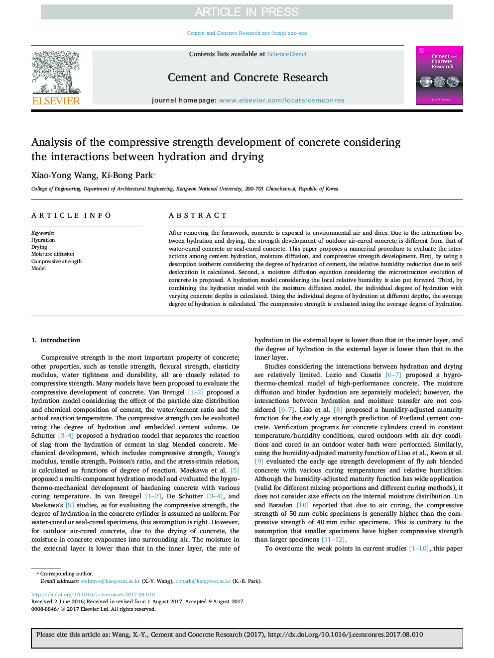 Analysis of the compressive strength development of concrete considering the interactions between hydration and drying