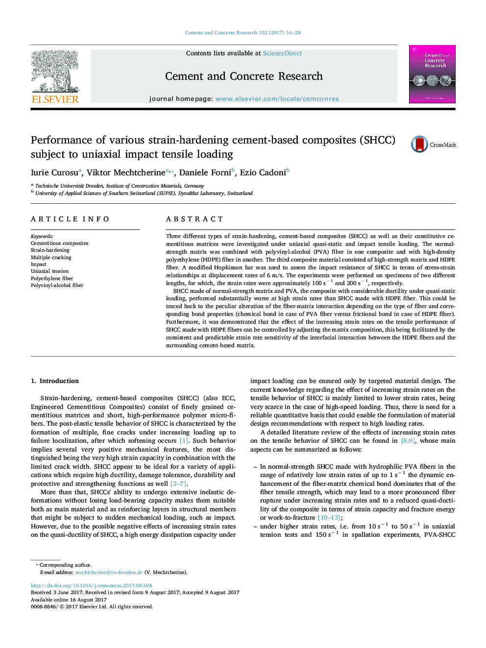 Performance of various strain-hardening cement-based composites (SHCC) subject to uniaxial impact tensile loading