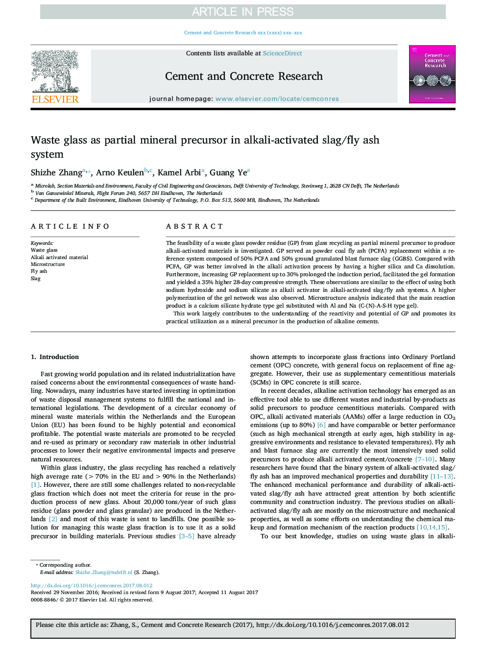 Waste glass as partial mineral precursor in alkali-activated slag/fly ash system