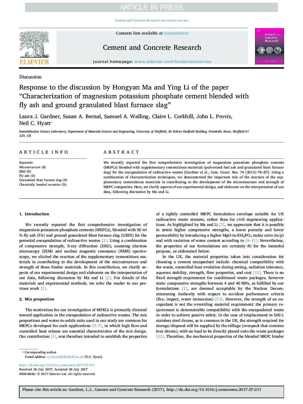 Response to the discussion by Hongyan Ma and Ying Li of the paper “Characterization of magnesium potassium phosphate cement blended with fly ash and ground granulated blast furnace slag”