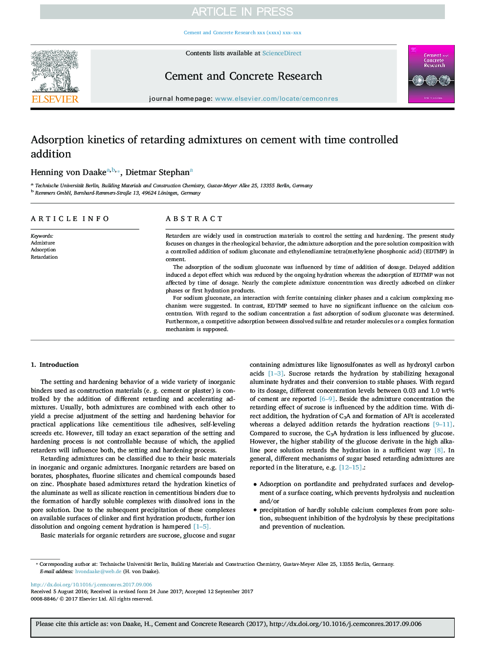 Adsorption kinetics of retarding admixtures on cement with time controlled addition