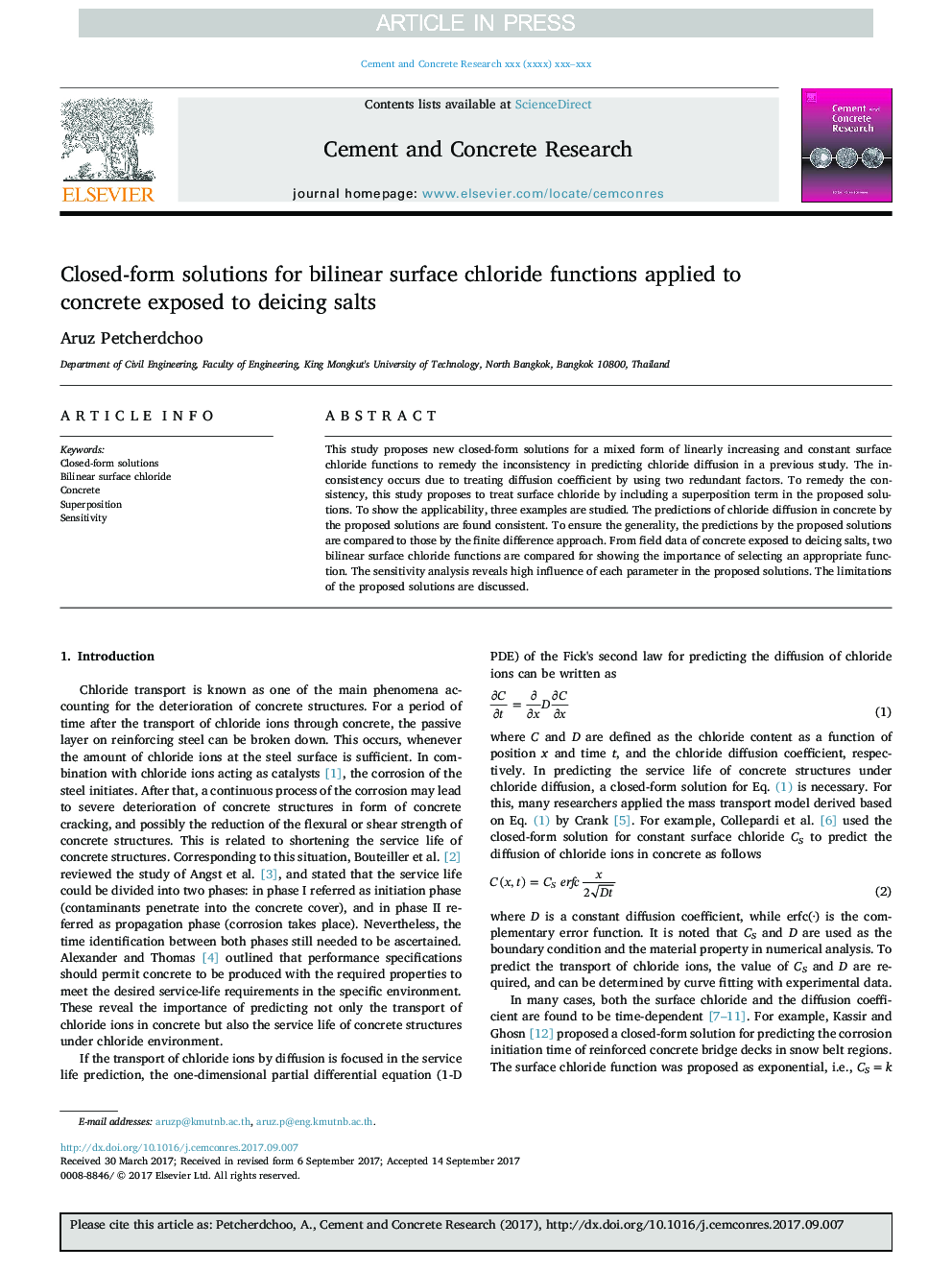 Closed-form solutions for bilinear surface chloride functions applied to concrete exposed to deicing salts