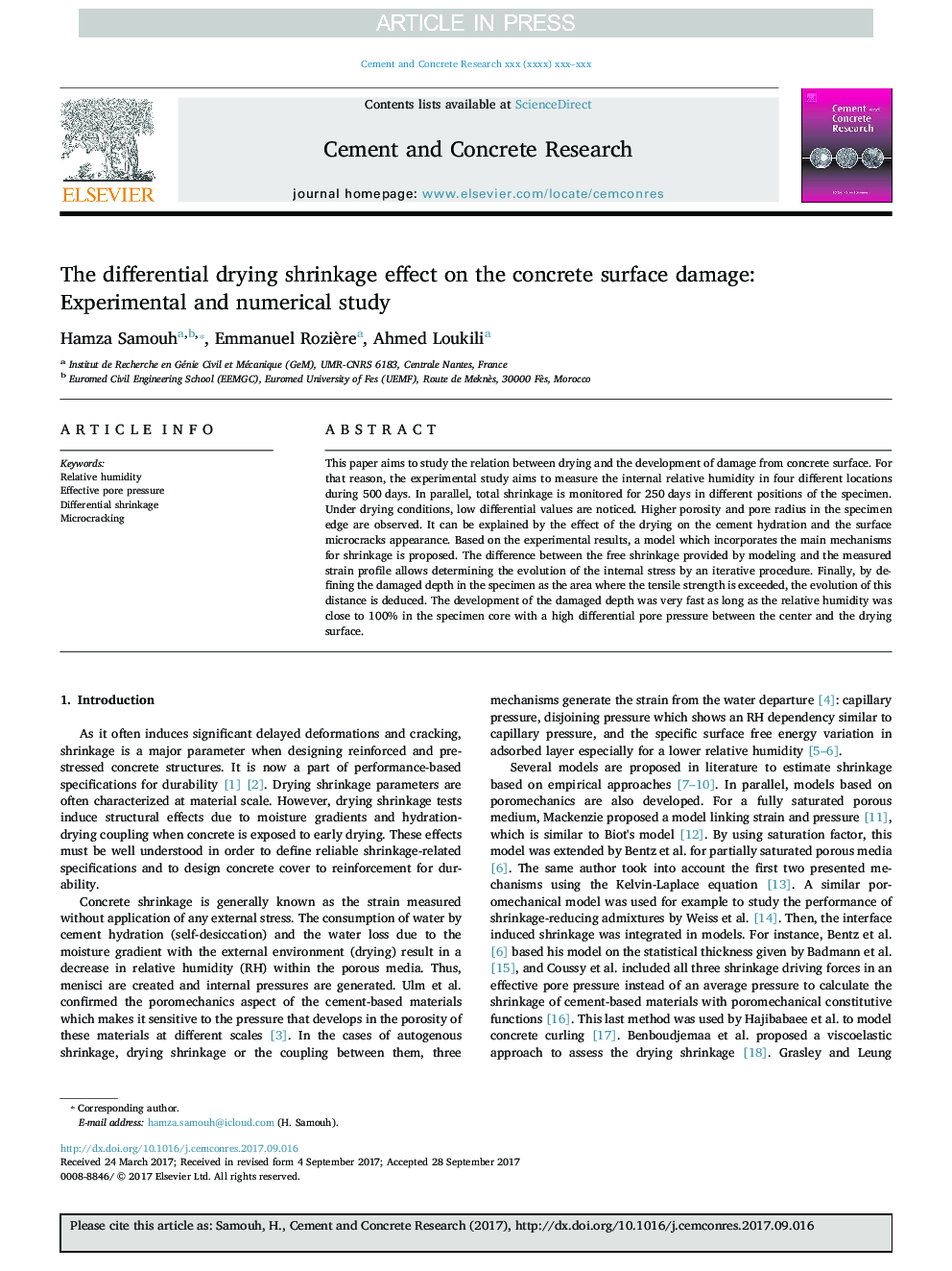 The differential drying shrinkage effect on the concrete surface damage: Experimental and numerical study