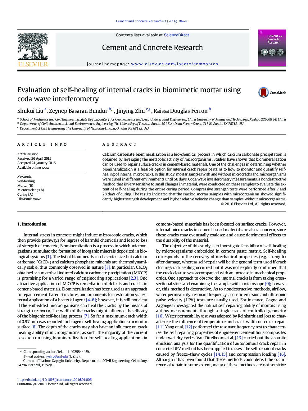 Evaluation of self-healing of internal cracks in biomimetic mortar using coda wave interferometry