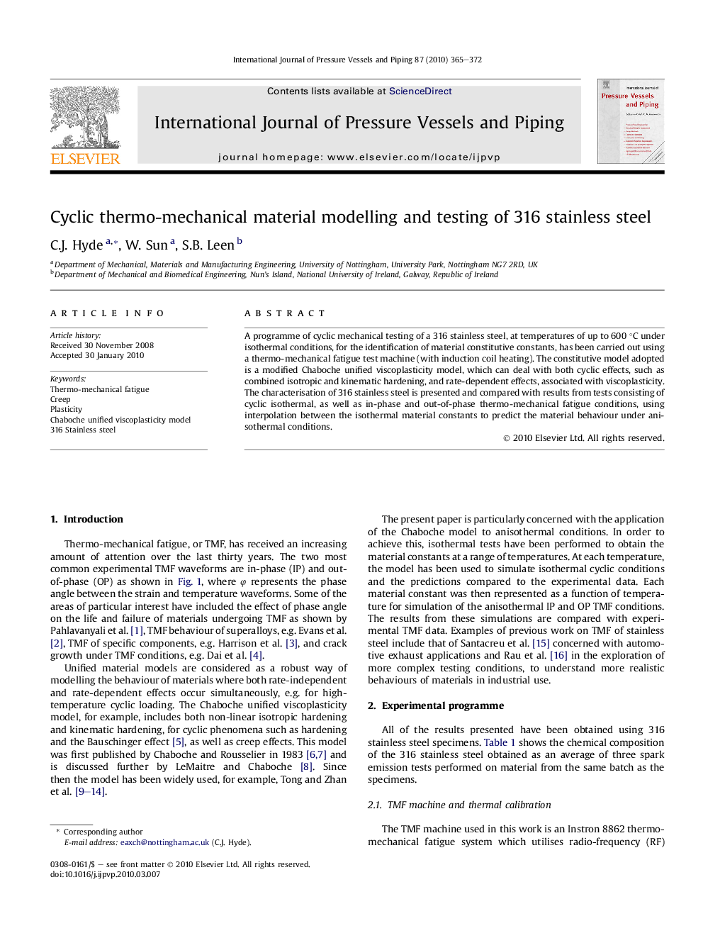 Cyclic thermo-mechanical material modelling and testing of 316 stainless steel