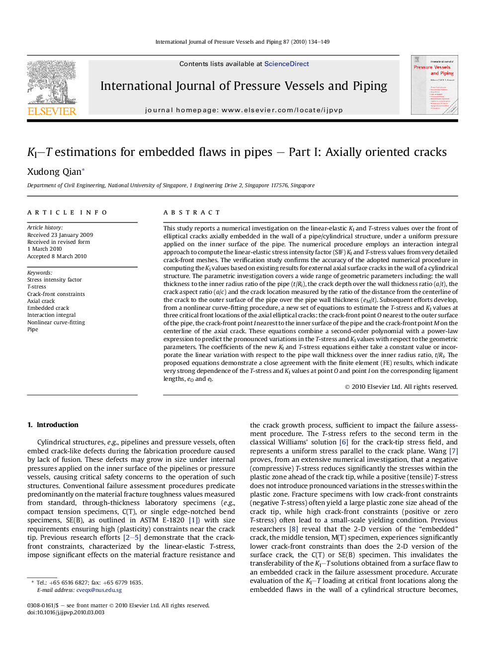 KI–T estimations for embedded flaws in pipes – Part I: Axially oriented cracks