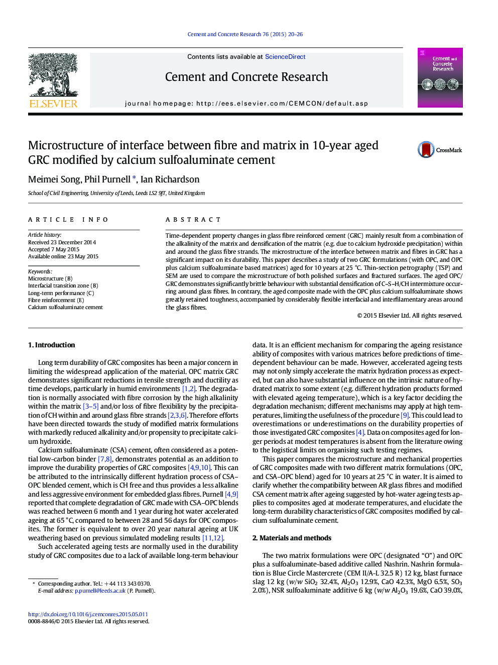 Microstructure of interface between fibre and matrix in 10-year aged GRC modified by calcium sulfoaluminate cement