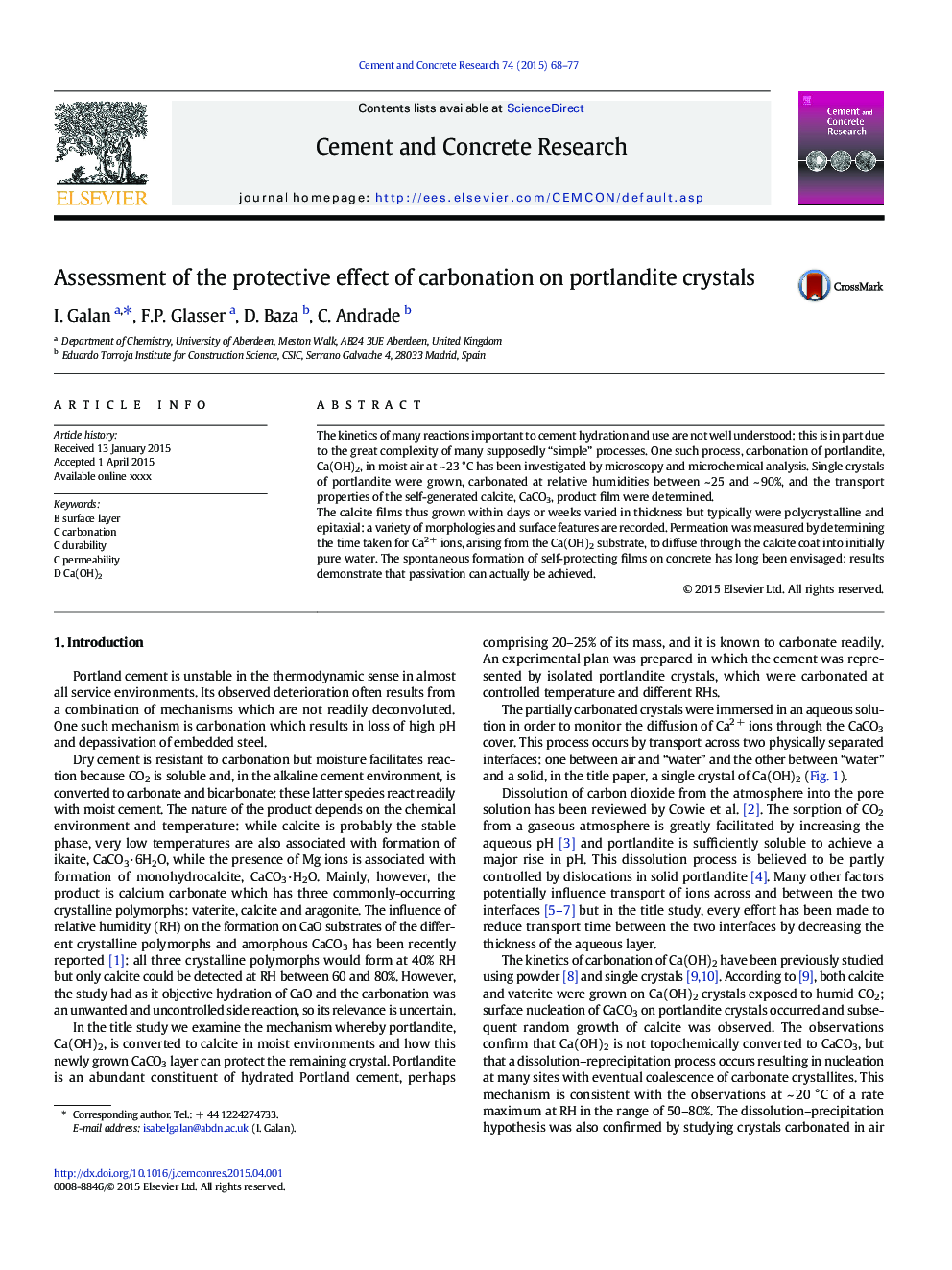 Assessment of the protective effect of carbonation on portlandite crystals