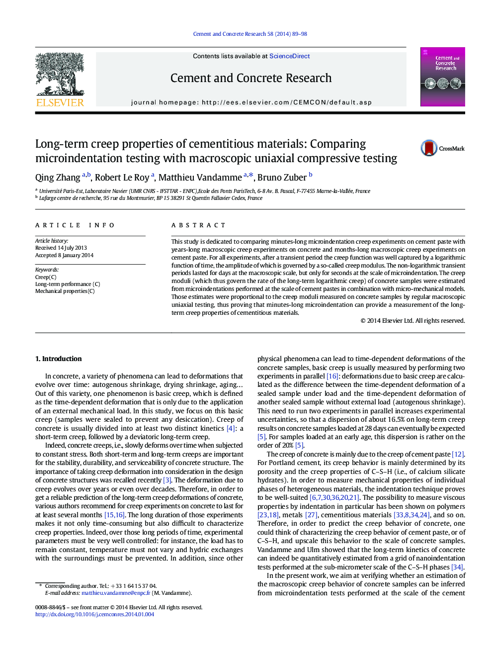 Long-term creep properties of cementitious materials: Comparing microindentation testing with macroscopic uniaxial compressive testing