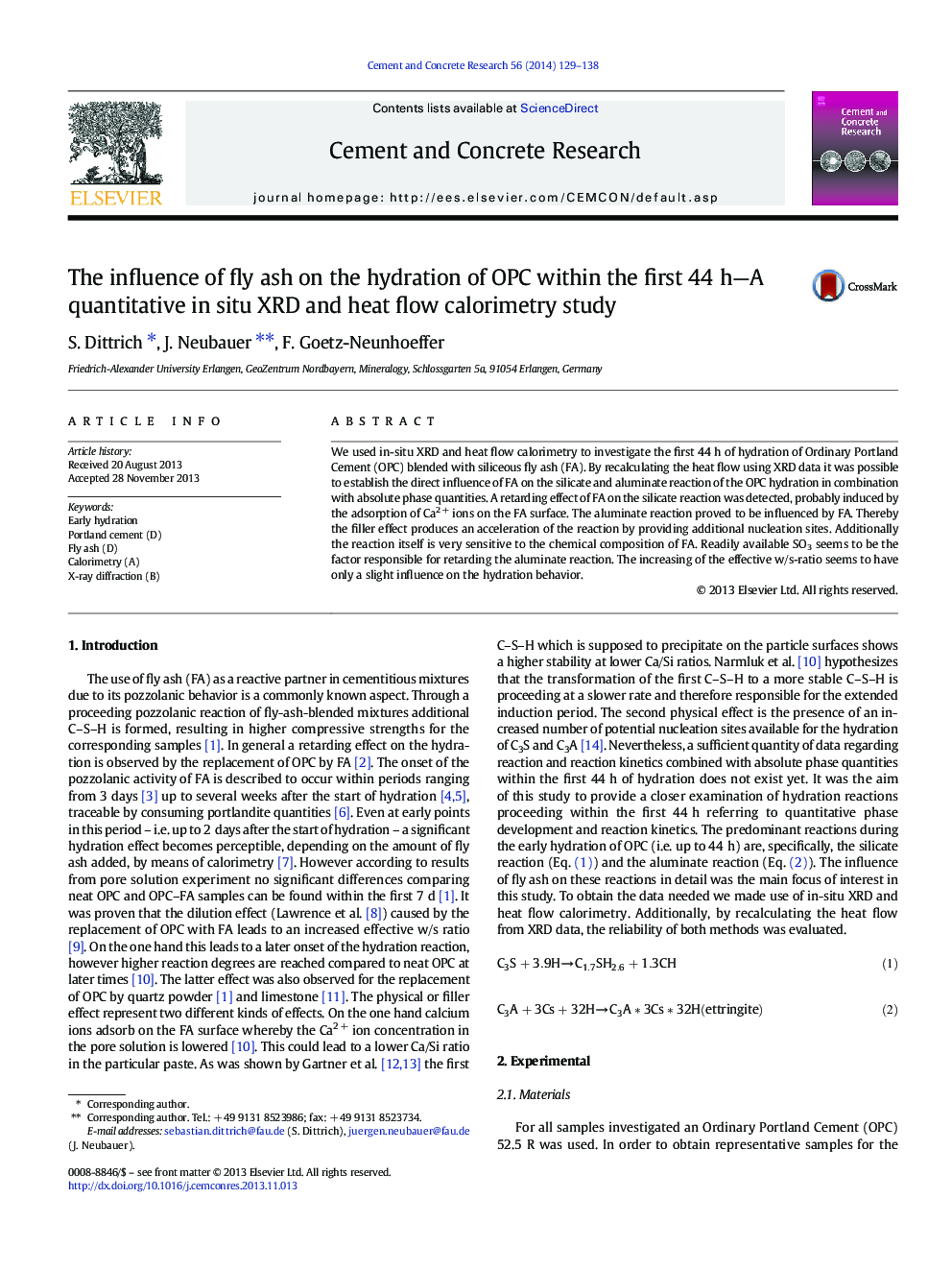 The influence of fly ash on the hydration of OPC within the first 44Â h-A quantitative in situ XRD and heat flow calorimetry study