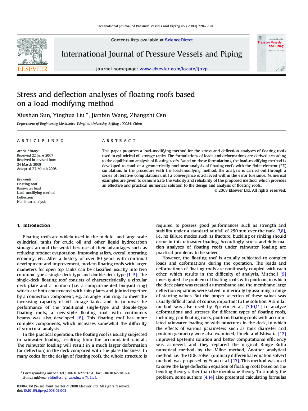 Stress and deflection analyses of floating roofs based on a load-modifying method