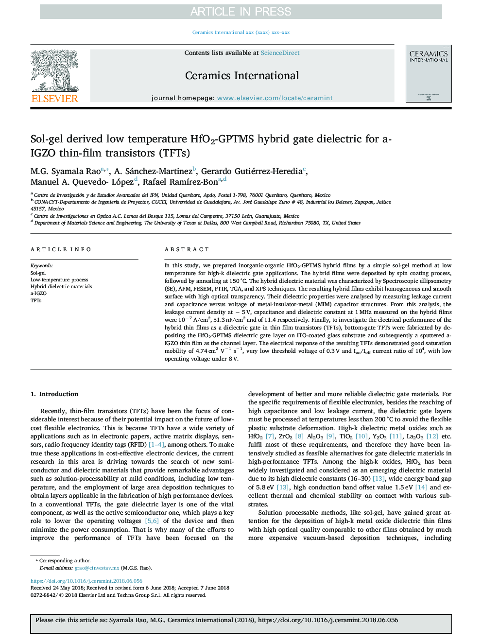 Sol-gel derived low temperature HfO2-GPTMS hybrid gate dielectric for a-IGZO thin-film transistors (TFTs)