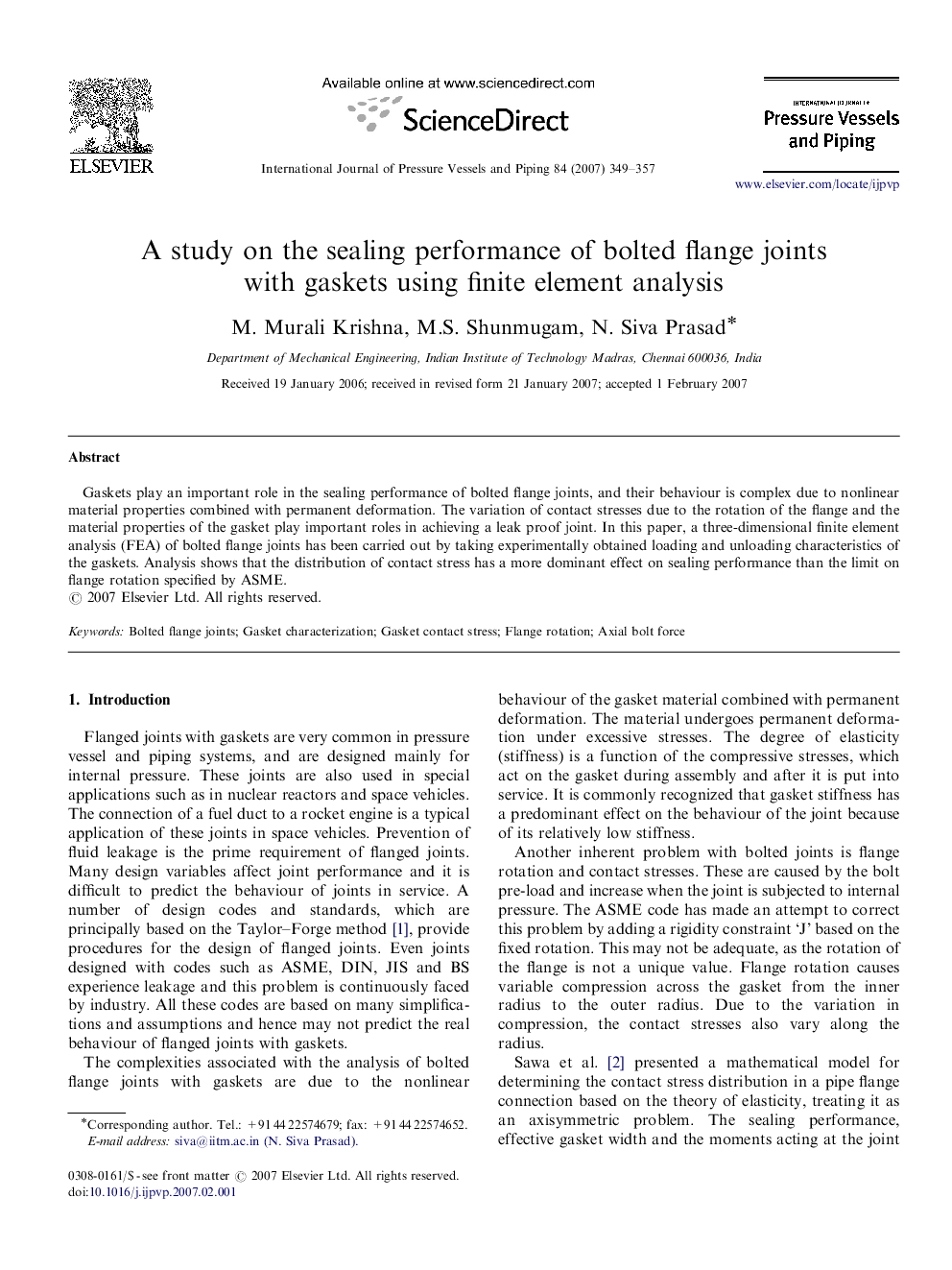 A study on the sealing performance of bolted flange joints with gaskets using finite element analysis