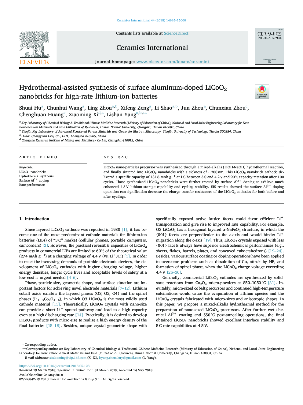 Hydrothermal-assisted synthesis of surface aluminum-doped LiCoO2 nanobricks for high-rate lithium-ion batteries