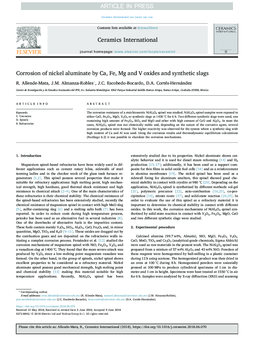 Corrosion of nickel aluminate by Ca, Fe, Mg and V oxides and synthetic slags