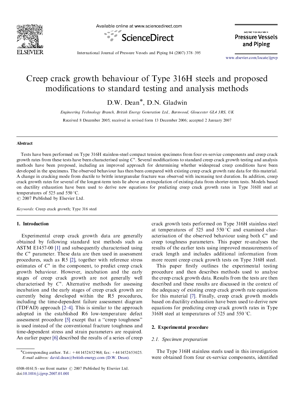 Creep crack growth behaviour of Type 316H steels and proposed modifications to standard testing and analysis methods