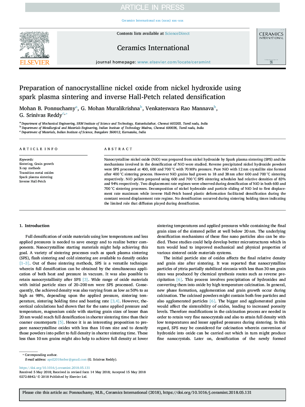 Preparation of nanocrystalline nickel oxide from nickel hydroxide using spark plasma sintering and inverse Hall-Petch related densification