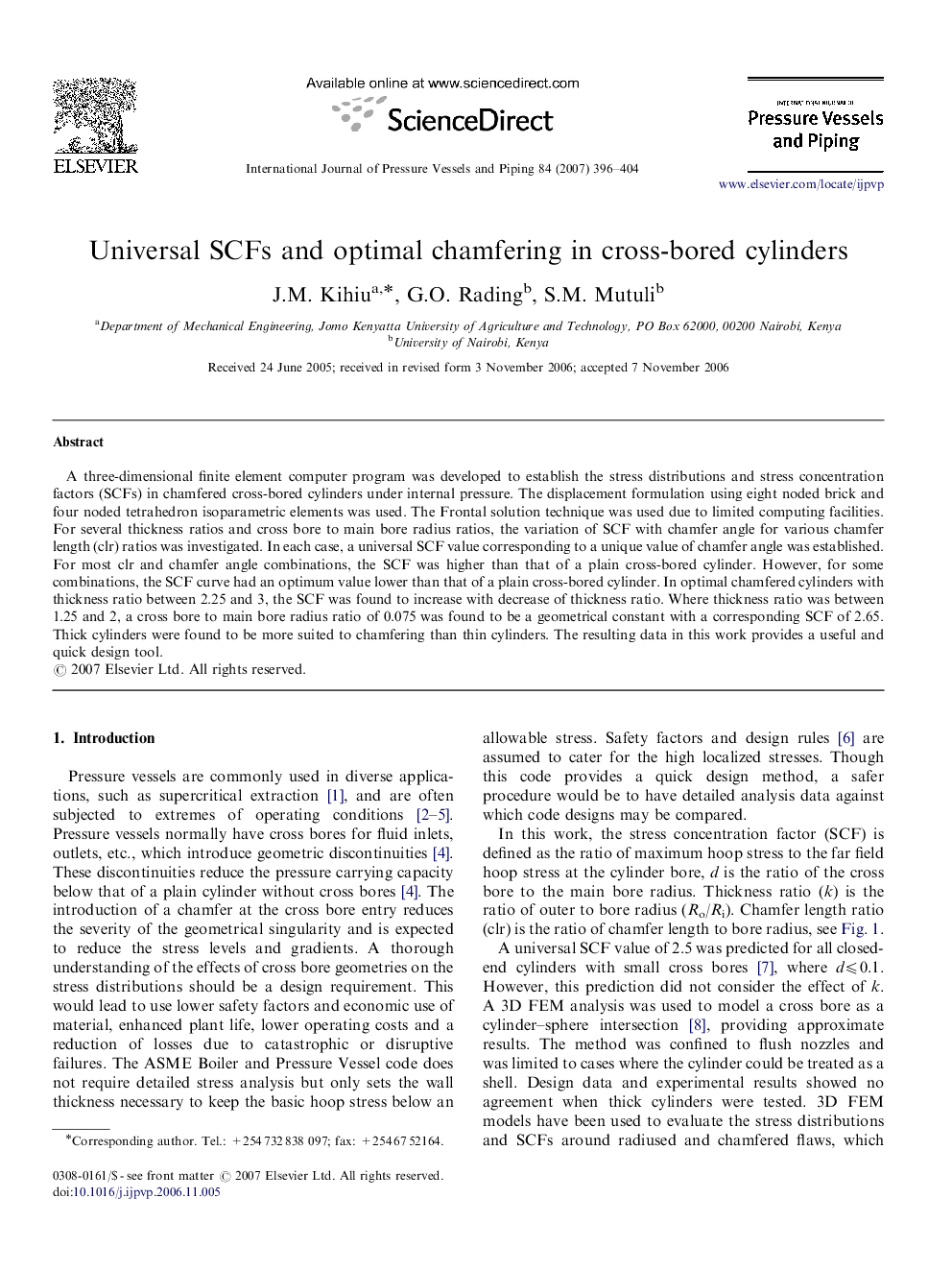 Universal SCFs and optimal chamfering in cross-bored cylinders