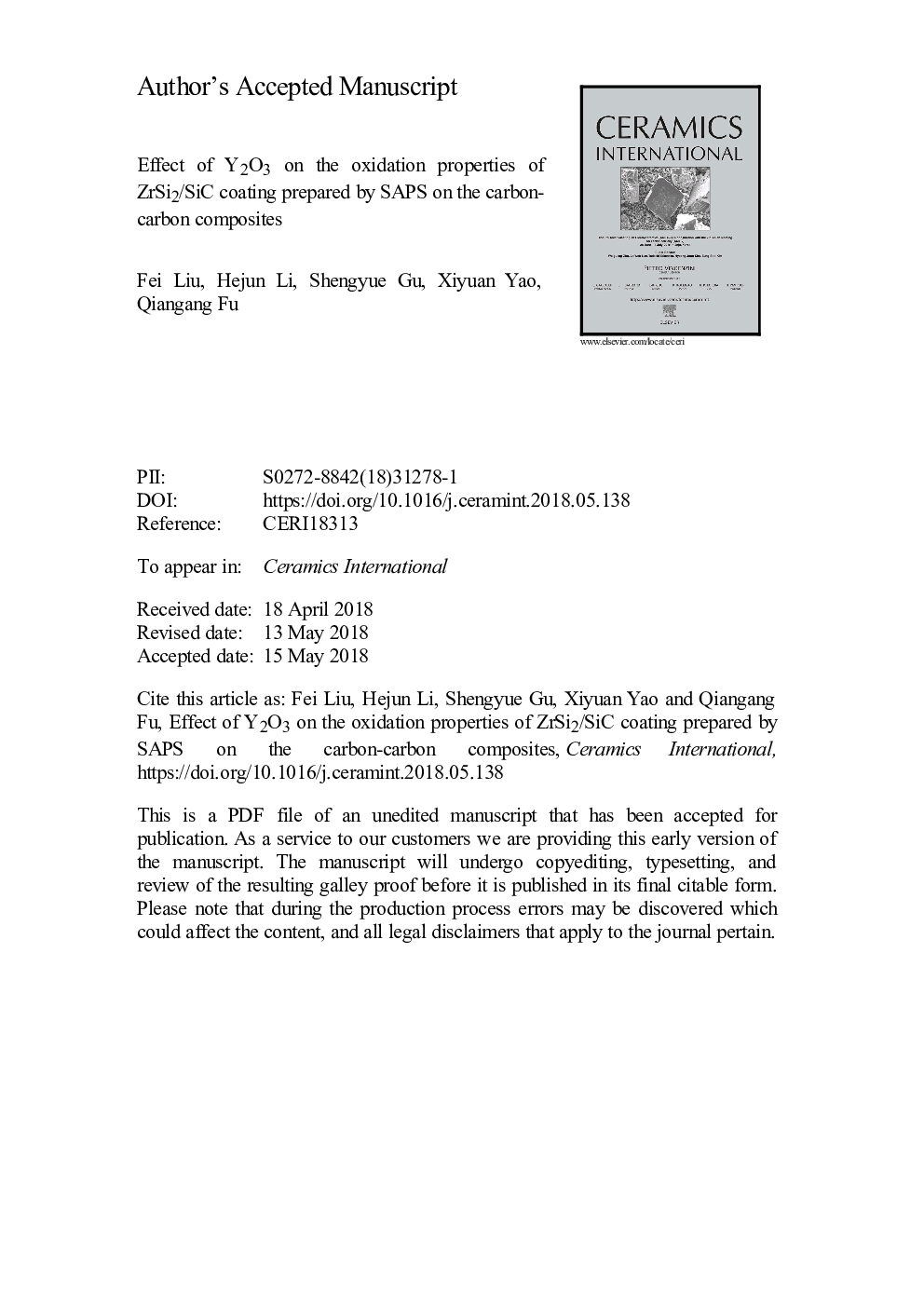 Effect of Y2O3 on the oxidation properties of ZrSi2/SiC coating prepared by SAPS on the carbon-carbon composites