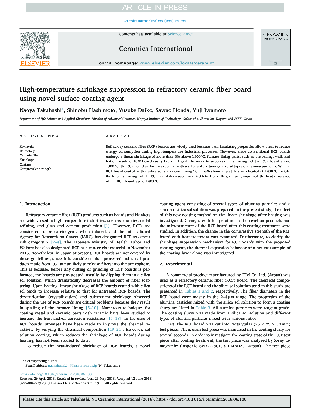 High-temperature shrinkage suppression in refractory ceramic fiber board using novel surface coating agent