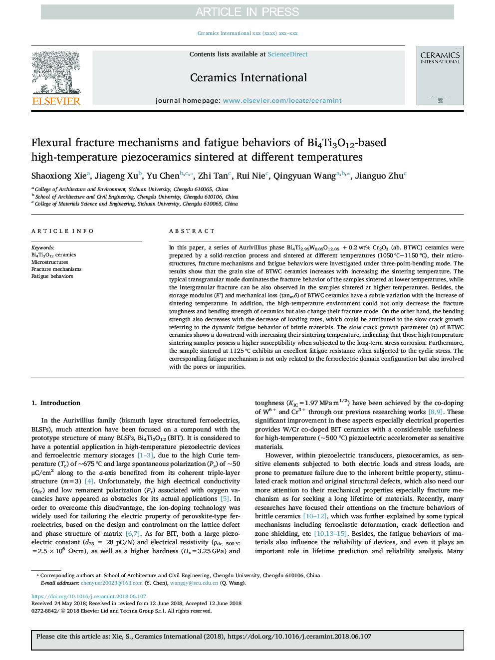 Flexural fracture mechanisms and fatigue behaviors of Bi4Ti3O12-based high-temperature piezoceramics sintered at different temperatures