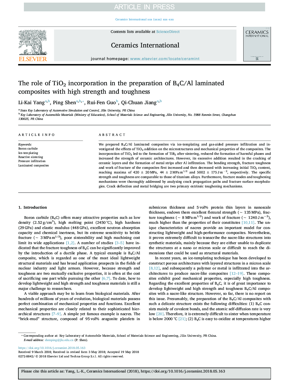 The role of TiO2 incorporation in the preparation of B4C/Al laminated composites with high strength and toughness